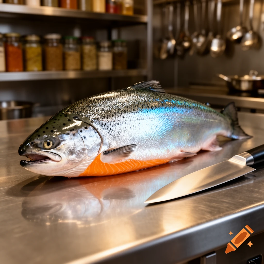 A whole raw salmon fish lies on a shiny stainless steel counter next to a chef's knife in a commercial kitchen.