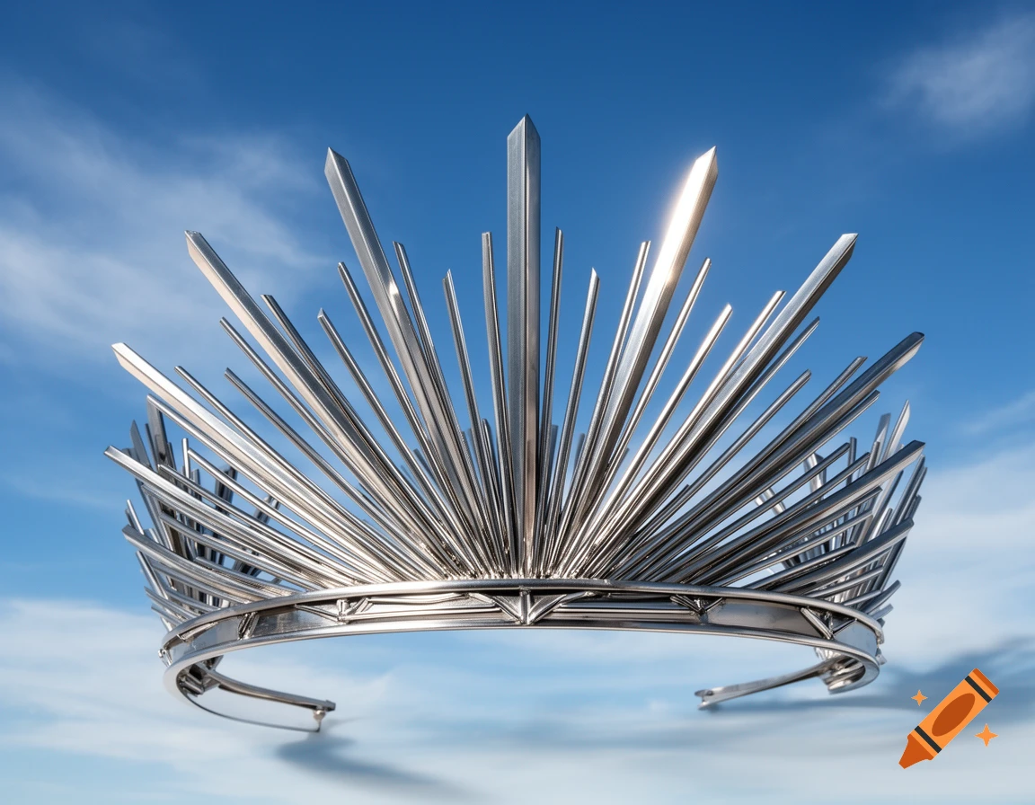 A gleaming silver sunray crown with sharp spikes against a clear blue sky.