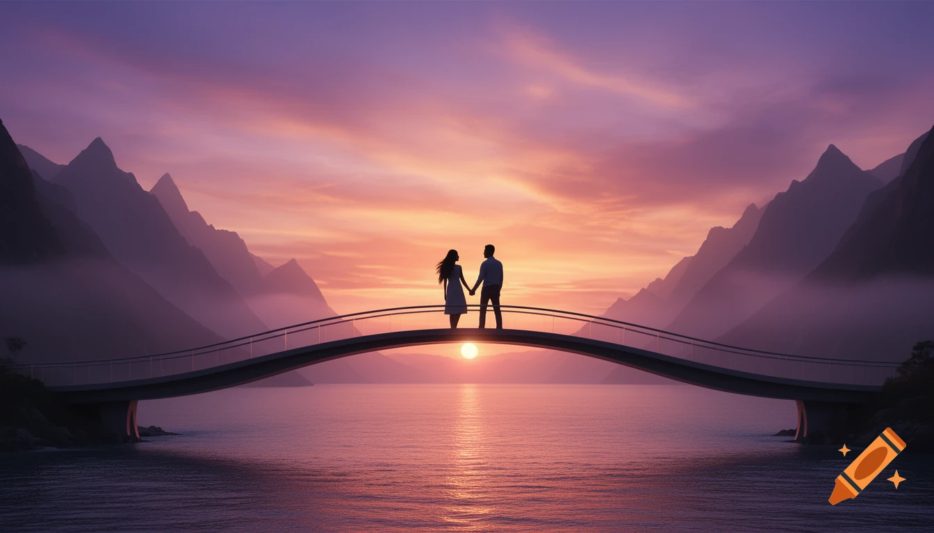 Silhouette of a couple holding hands on a bridge over water at sunset, with mountains in the background, in a surrealistic style.