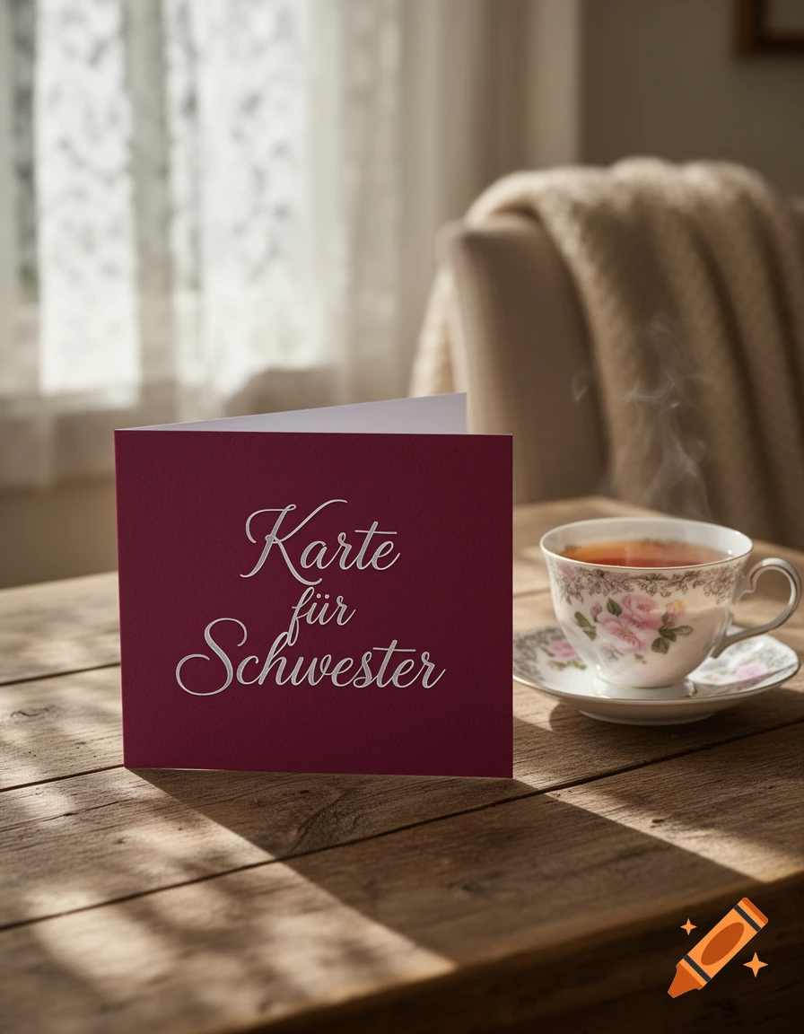 A maroon greeting card with 'Karte für Schwester' in white script, next to a steaming cup of tea, on a sunlit wooden table.