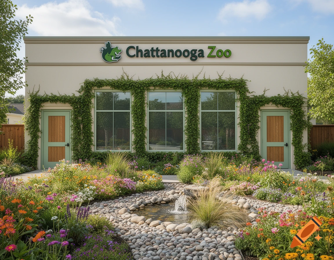 A photorealistic image of the Chattanooga Zoo building with its logo and name above three large windows, flanked by two doors, all covered in ivy. A vibrant sensory garden with a rocky stream and waterfall is in the foreground.