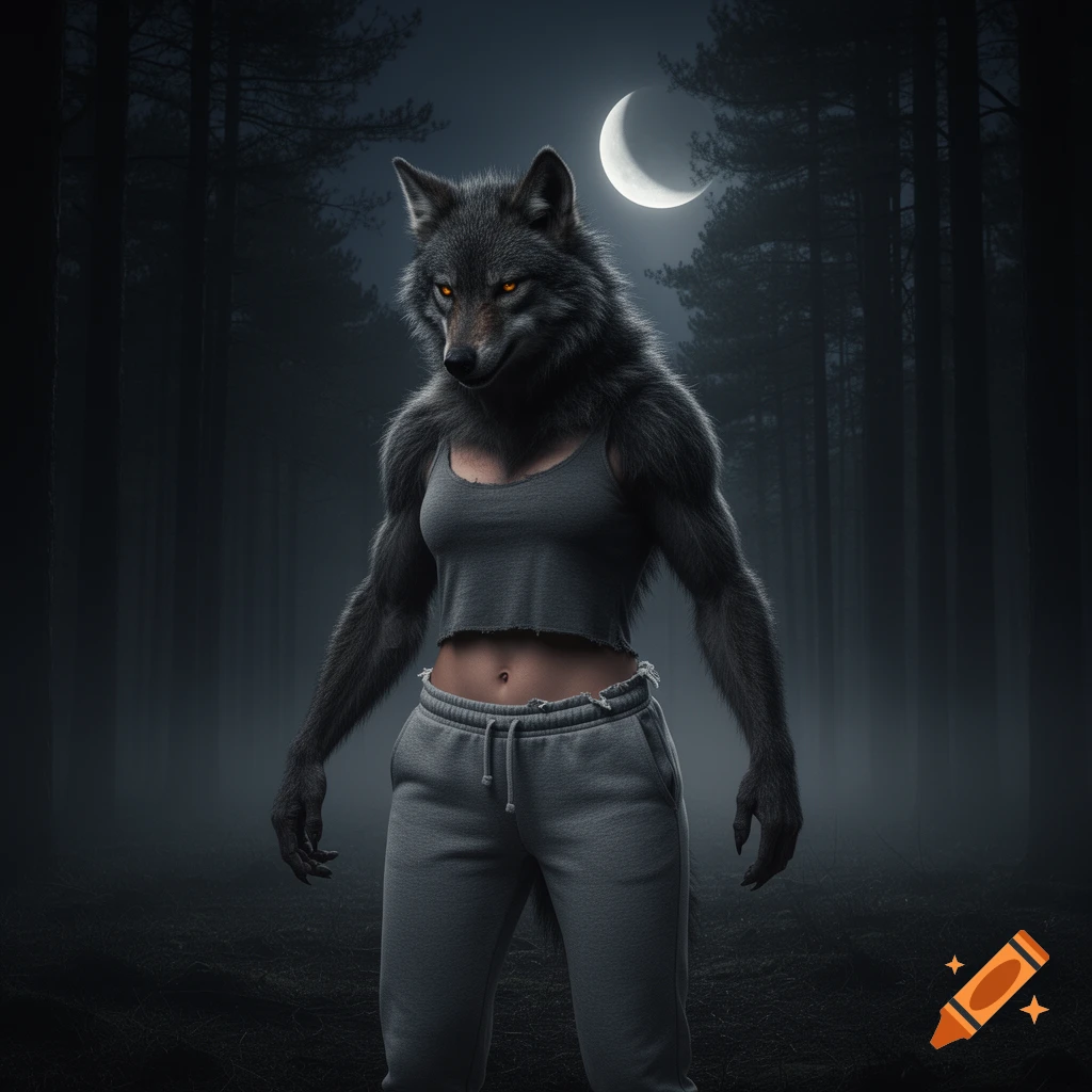 A female werewolf with glowing orange eyes and dark fur stands in a misty forest under a crescent moon, wearing a crop top and sweatpants.
