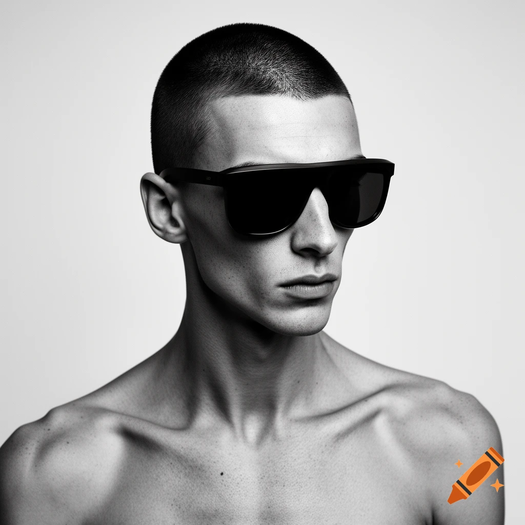 A black and white minimalist portrait of a lean male model with a buzz cut, wearing solid black shield sunglasses, looking away.