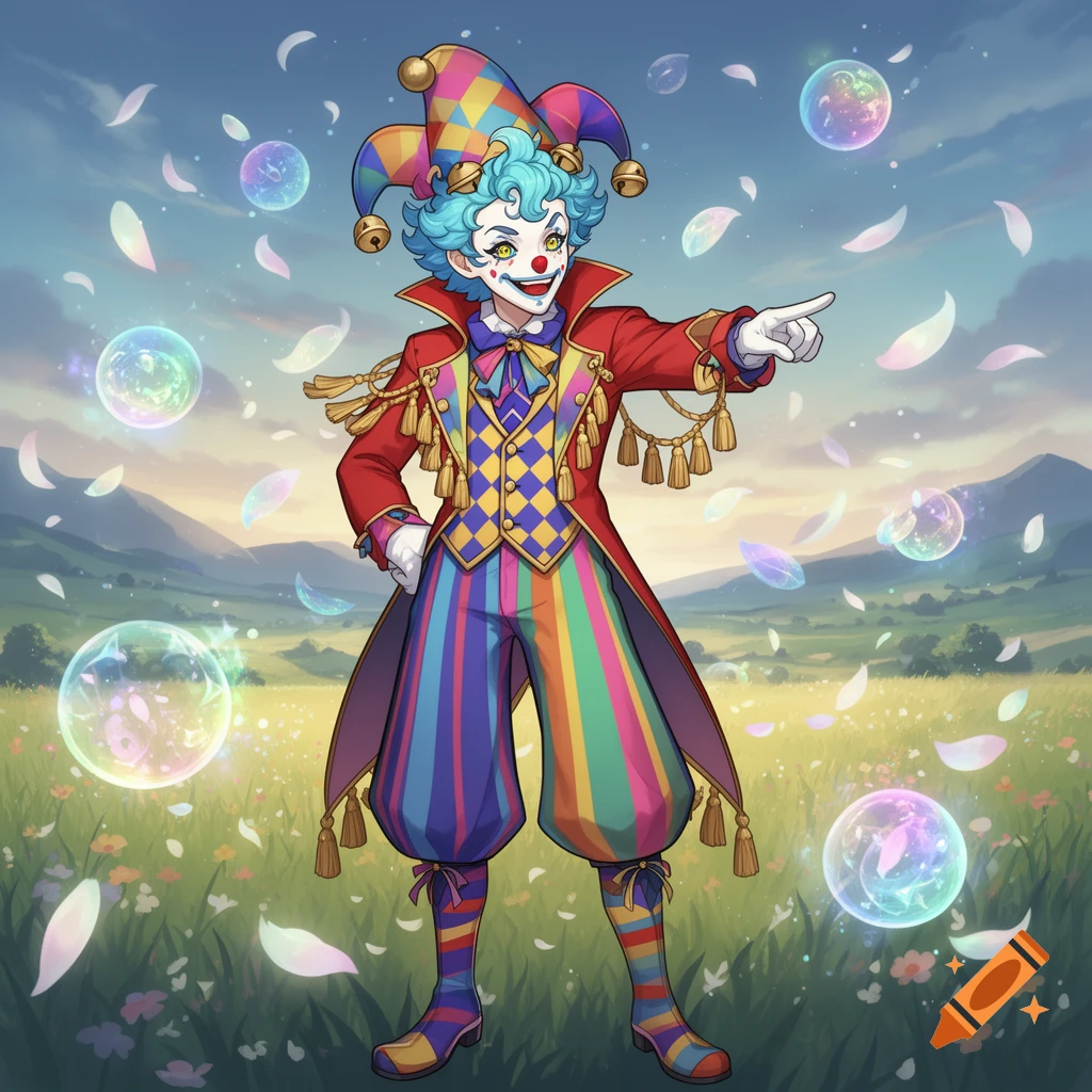 A colorful anime-style clown with blue hair, a jester hat, and a striped suit points forward in a field with bubbles.