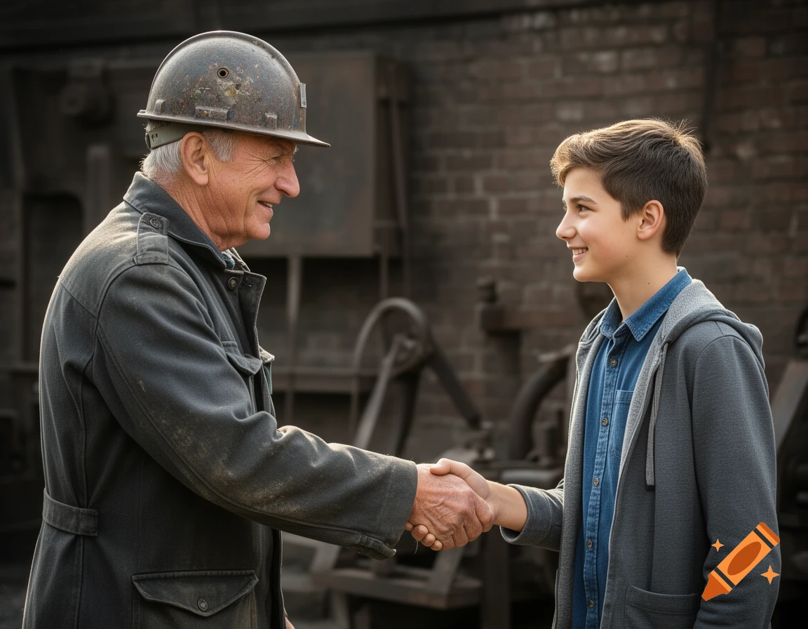 An older miner in a hard hat and a young boy smiling while shaking hands, in a photorealistic style.