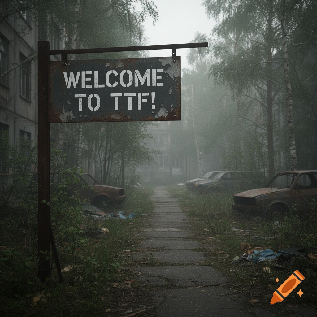 A rusty 'WELCOME TO TTF!' sign stands on a path amidst overgrown vegetation and rusty cars in a misty, abandoned urban setting.