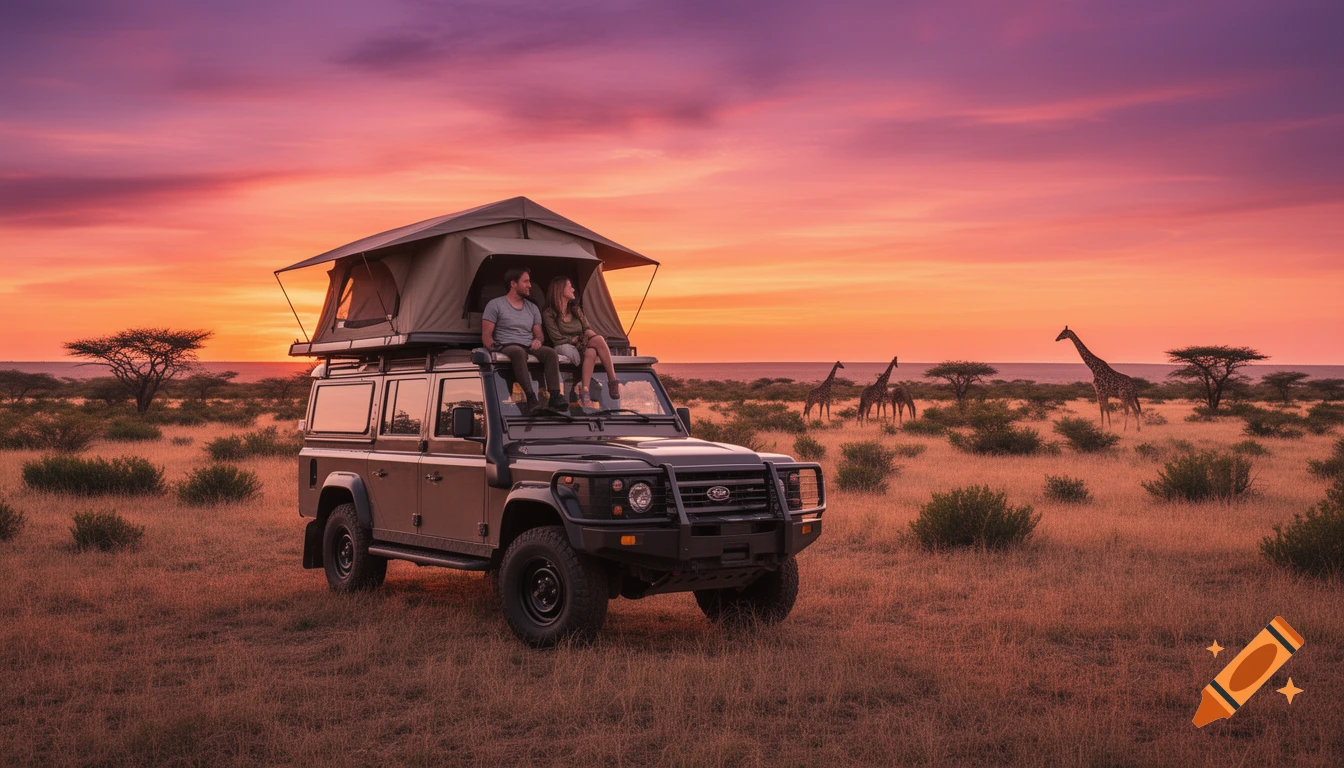 Couple sits atop a safari vehicle with a roof tent, watching the sunset over a savanna with giraffes.