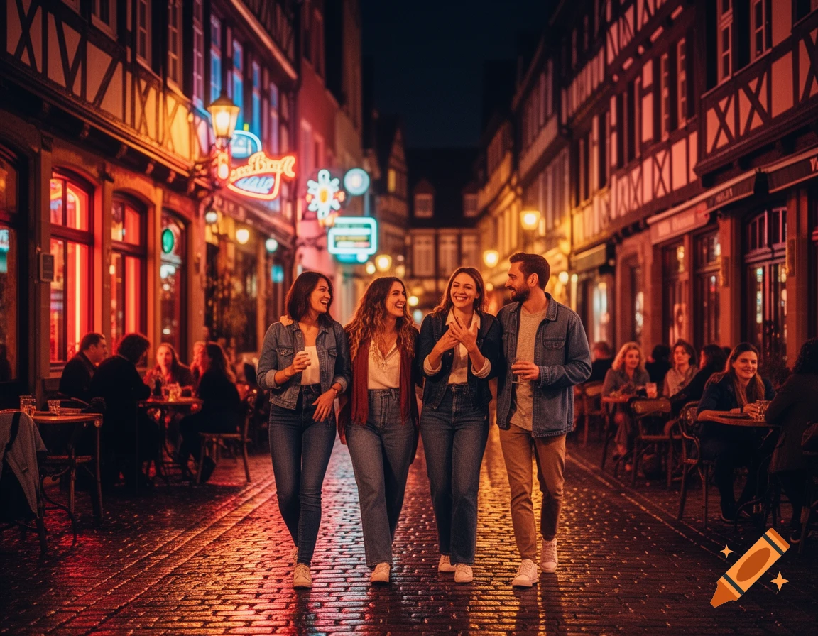 Four smiling friends walk down a vibrant, lit cobblestone street at night, passing outdoor cafes and traditional buildings.