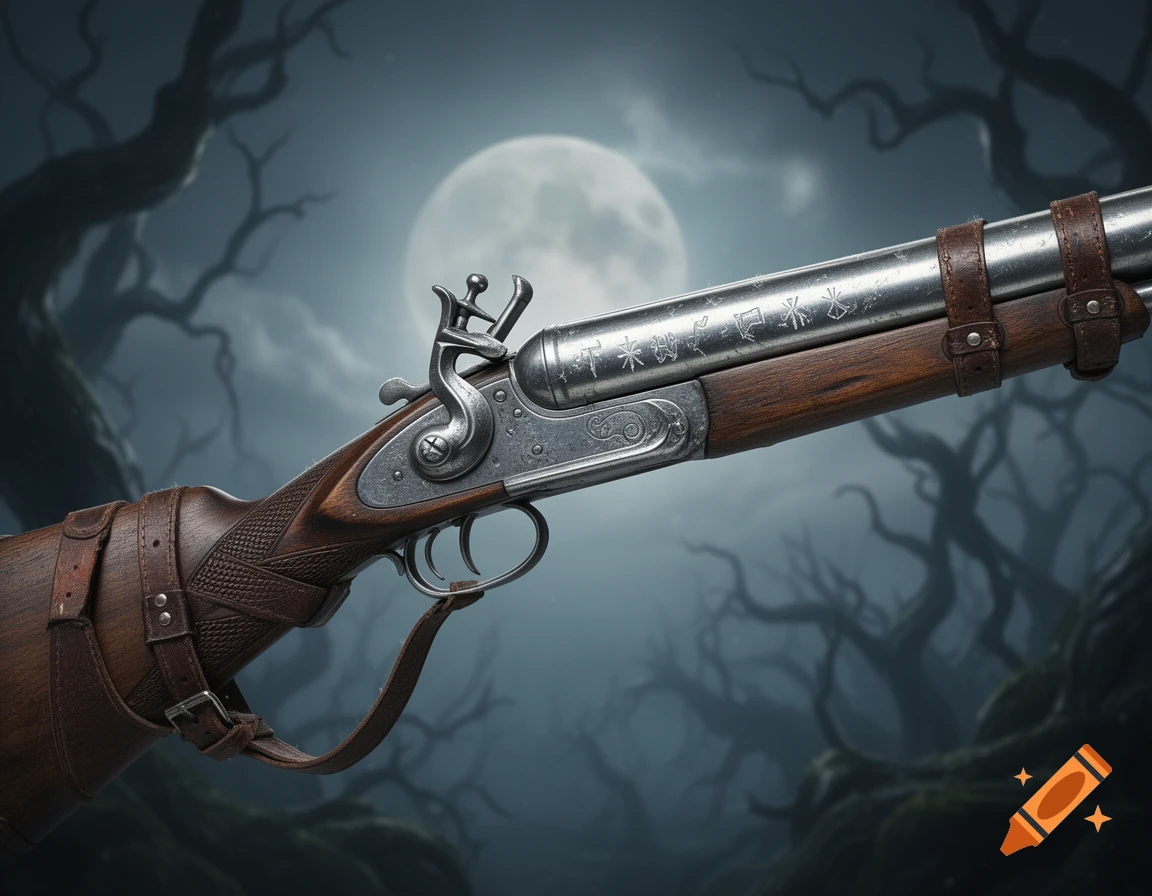 An antique double-barrel shotgun with ornate details and leather straps, set against a spooky moonlit forest with gnarled trees.