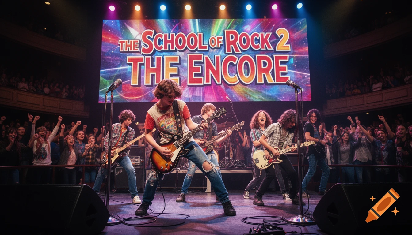 A rock band performs on a brightly lit stage under a large screen displaying 'THE SCHOOL OF ROCK 2 THE ENCORE' to a cheering audience.