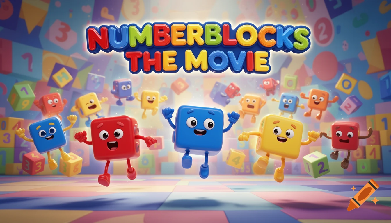 Colorful animated block characters with smiling faces and the title 'NUMBERBLOCKS THE MOVIE' against a backdrop of numbered blocks.