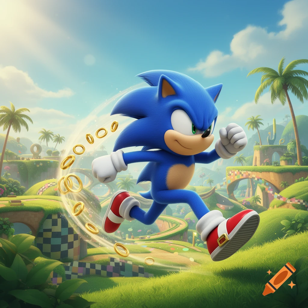 Sonic the Hedgehog runs through a vibrant, green landscape with palm trees and checkerboard patterns, golden rings swirling around him.
