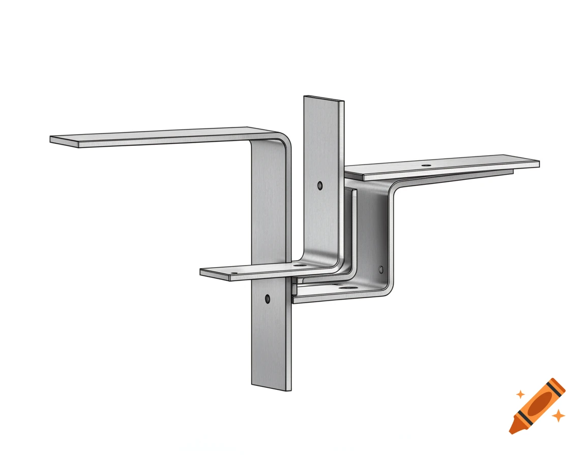 A simple drawing of three interconnected brushed steel L-shaped brackets forming a complex support structure on a white background.