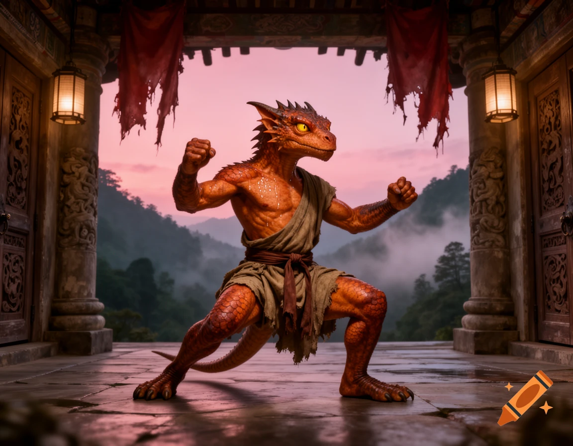 A red-scaled kobold monk with yellow eyes stands in a martial arts pose on a stone patio of an ancient temple, with mountains and a pink sunset in the background.