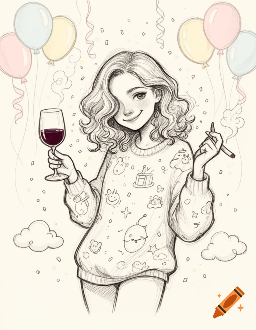A smiling cartoon girl holds a glass of wine and a joint, surrounded by balloons and confetti, in a sketch style.