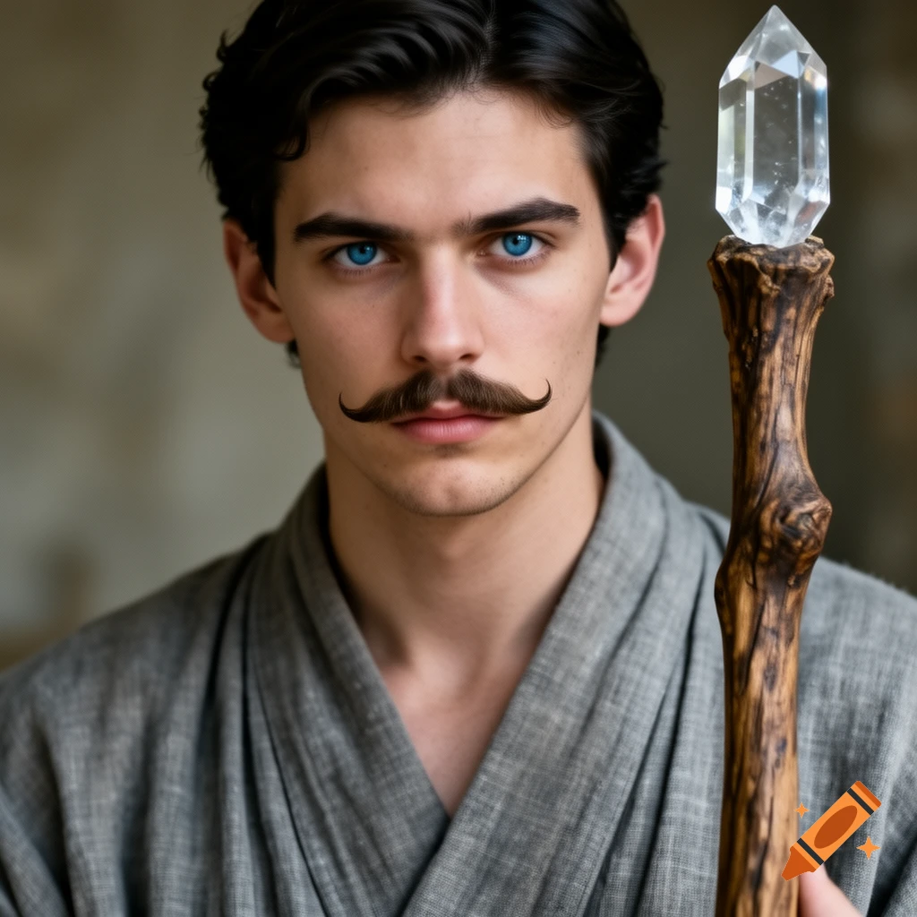 Close-up fantasy portrait of a young male wizard with striking blue eyes, a pencil mustache, and dark hair, holding a crystal-topped wooden staff.