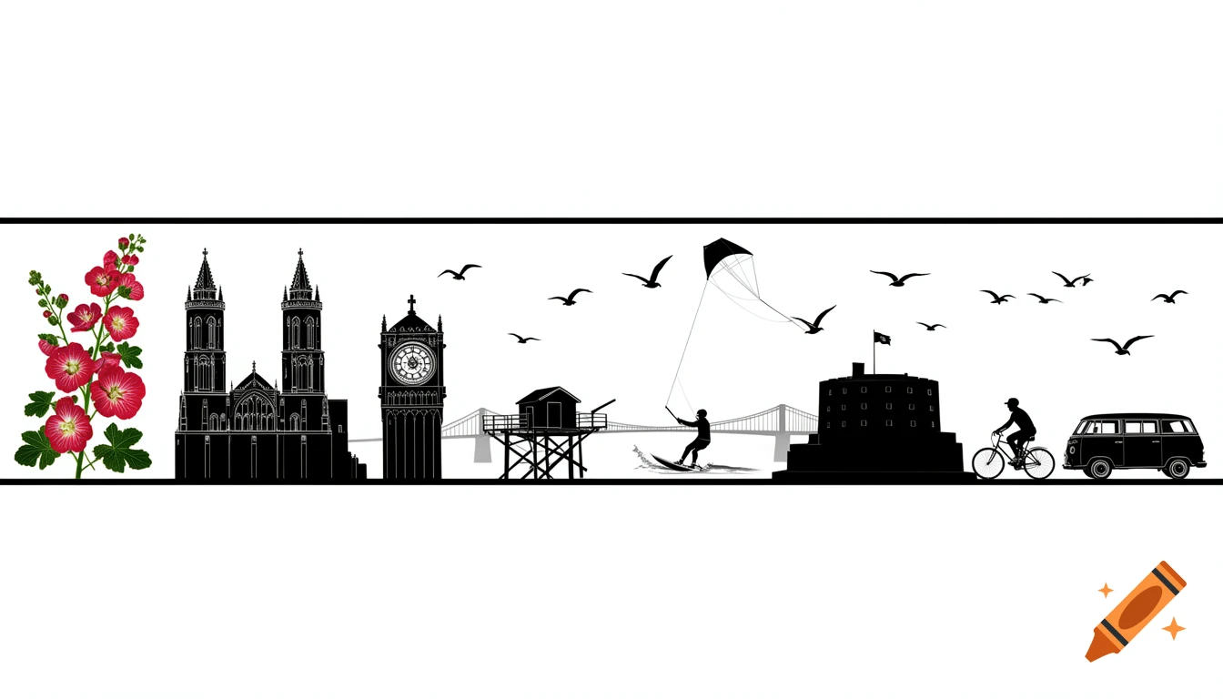 A panoramic black silhouette frieze featuring hollyhocks, La Rochelle towers, a clock tower, Ile de R R e bridge, a carrelet, a kitesurfer, Fort Boyard, a cyclist, a van, and seagulls.