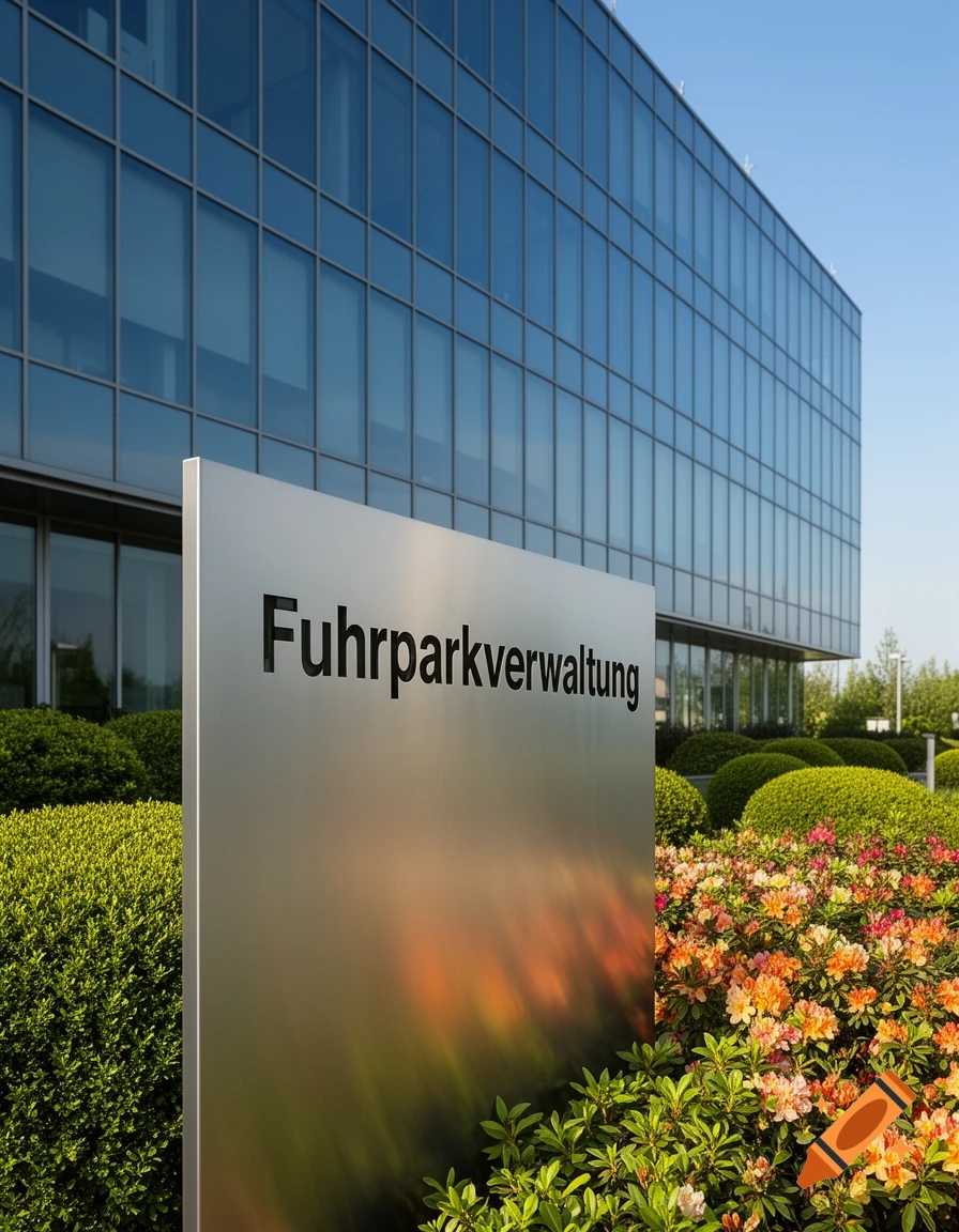 A modern glass office building behind a silver sign displaying 'Fuhrparkverwaltung', surrounded by green bushes and colorful flowers under a clear blue sky.