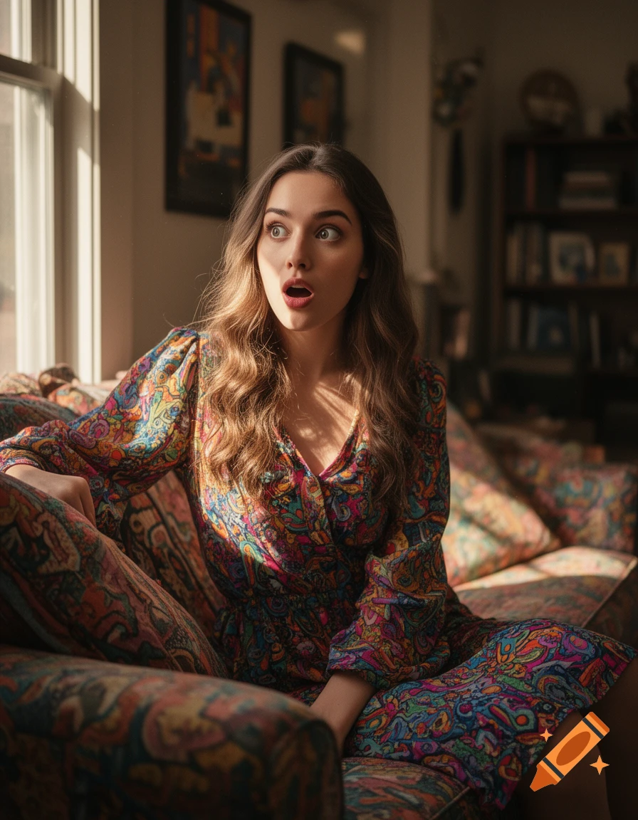 A young woman with a surprised expression sits on a vibrantly patterned couch, illuminated by sunlight.