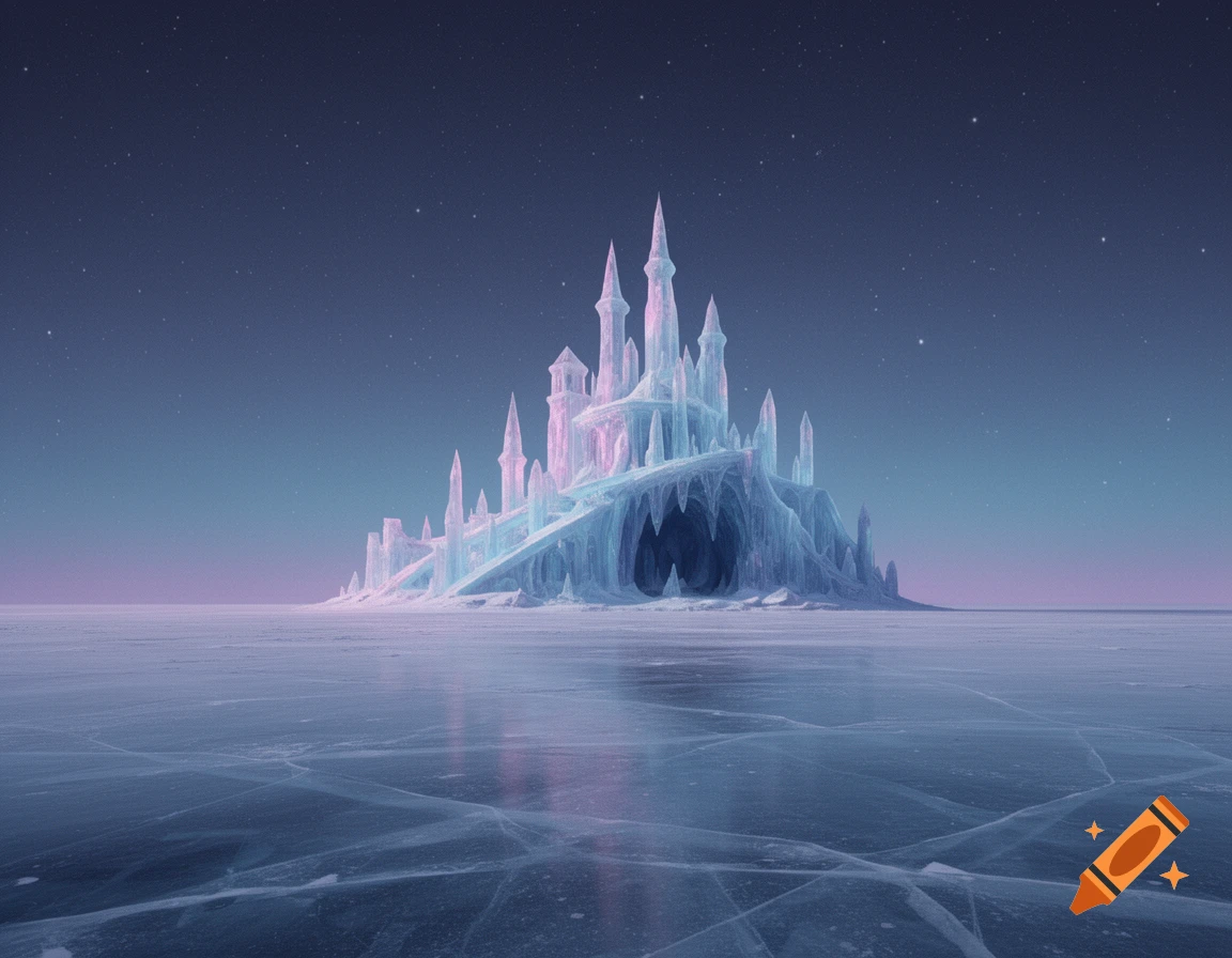 A majestic, asymmetrical ice crystal castle stands on a vast frozen lake under a starry night sky with purple hues.