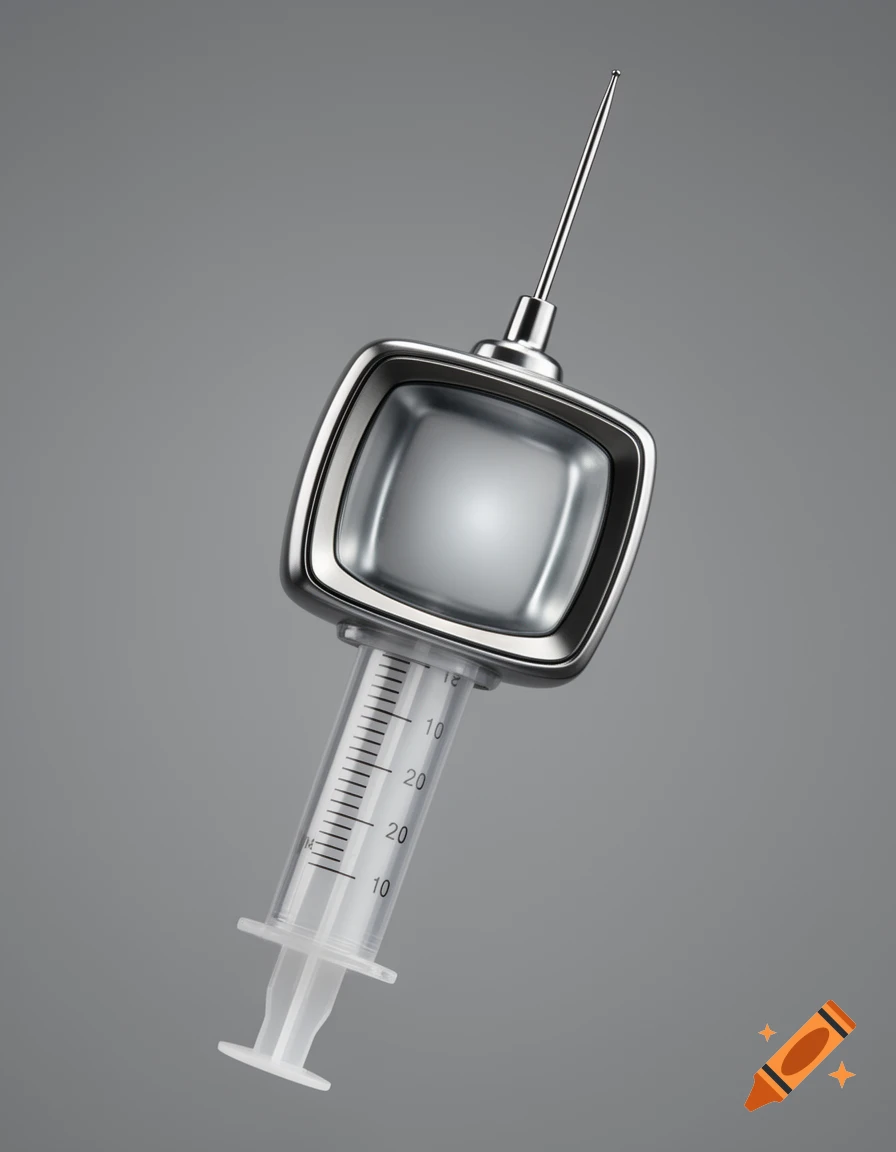 A conceptual image of a syringe with its upper part shaped like an old metallic television with an antenna, against a gray background.