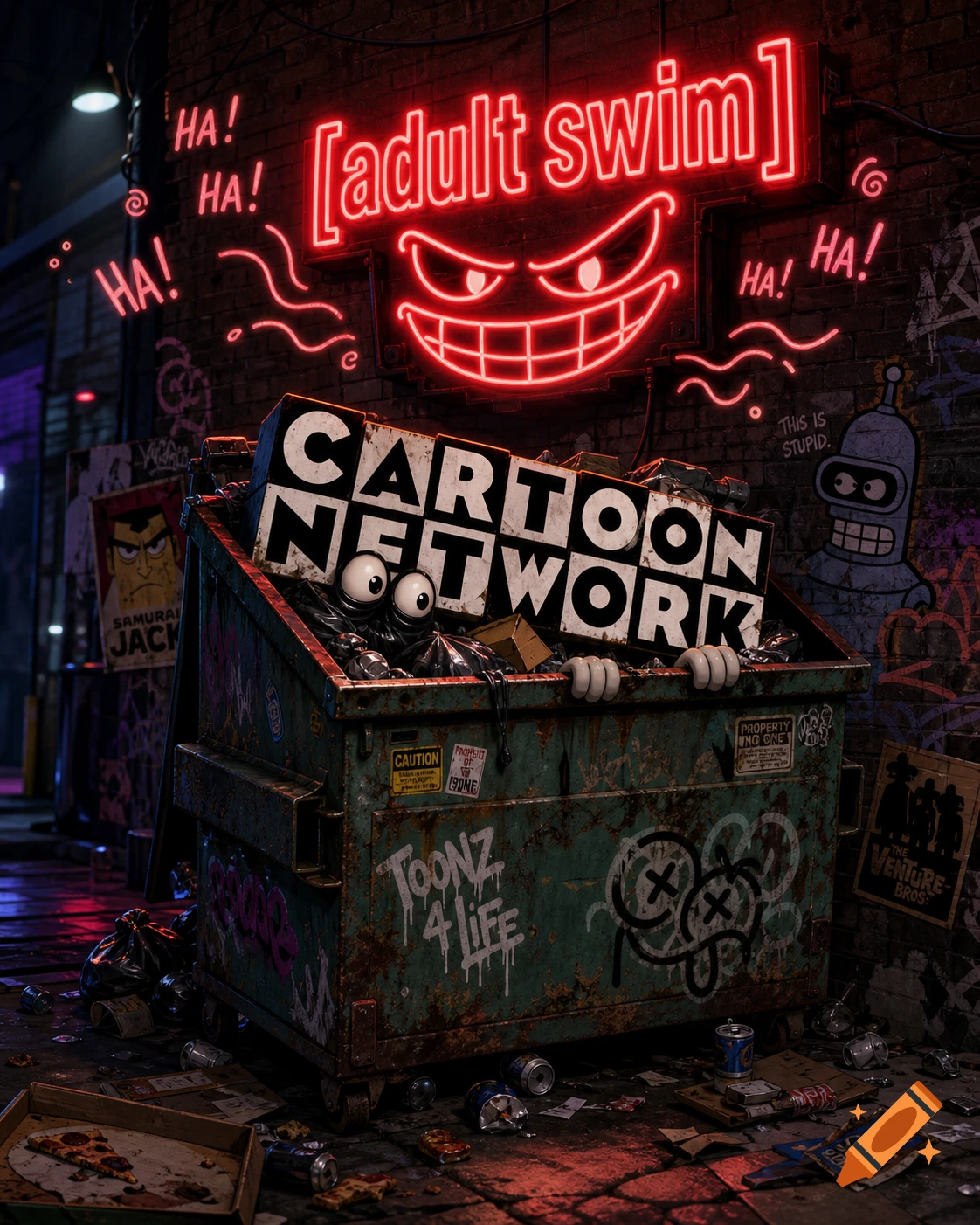 Cartoon Network logo in a dumpster in a dark alley, with a neon Adult Swim logo above it, laughing.