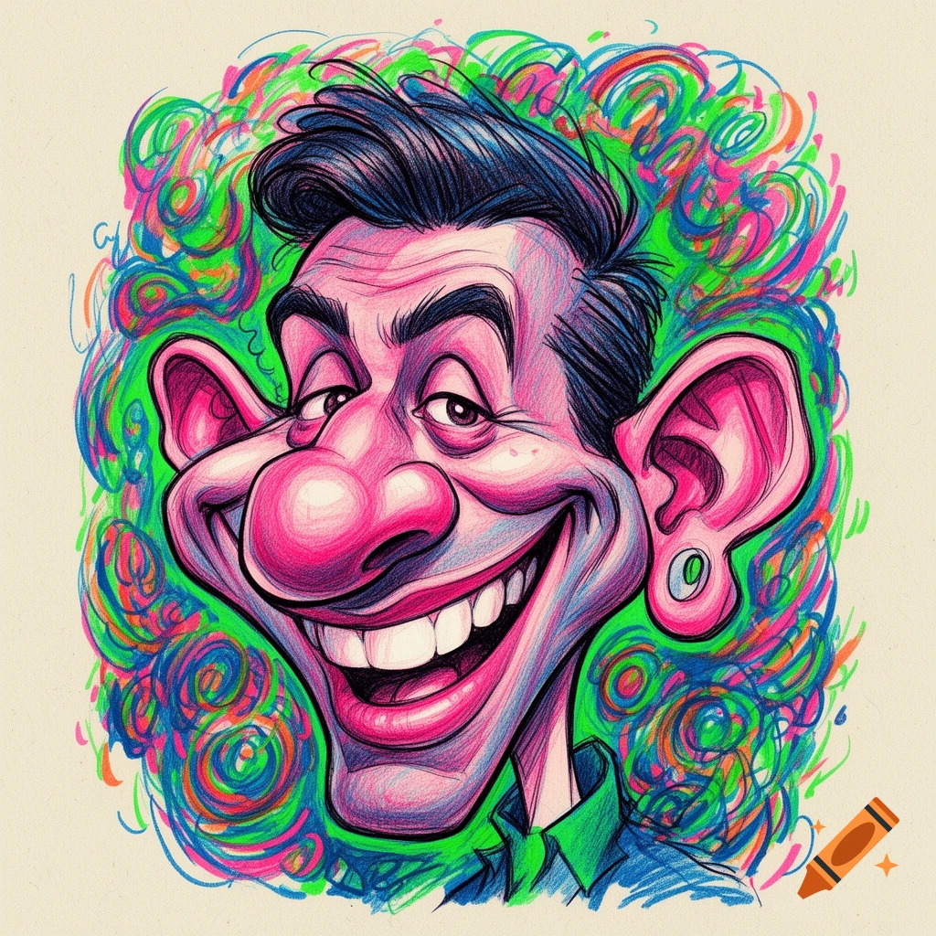 Vibrant, colorful hand-drawn caricature of a smiling man with exaggerated features against a swirling background.