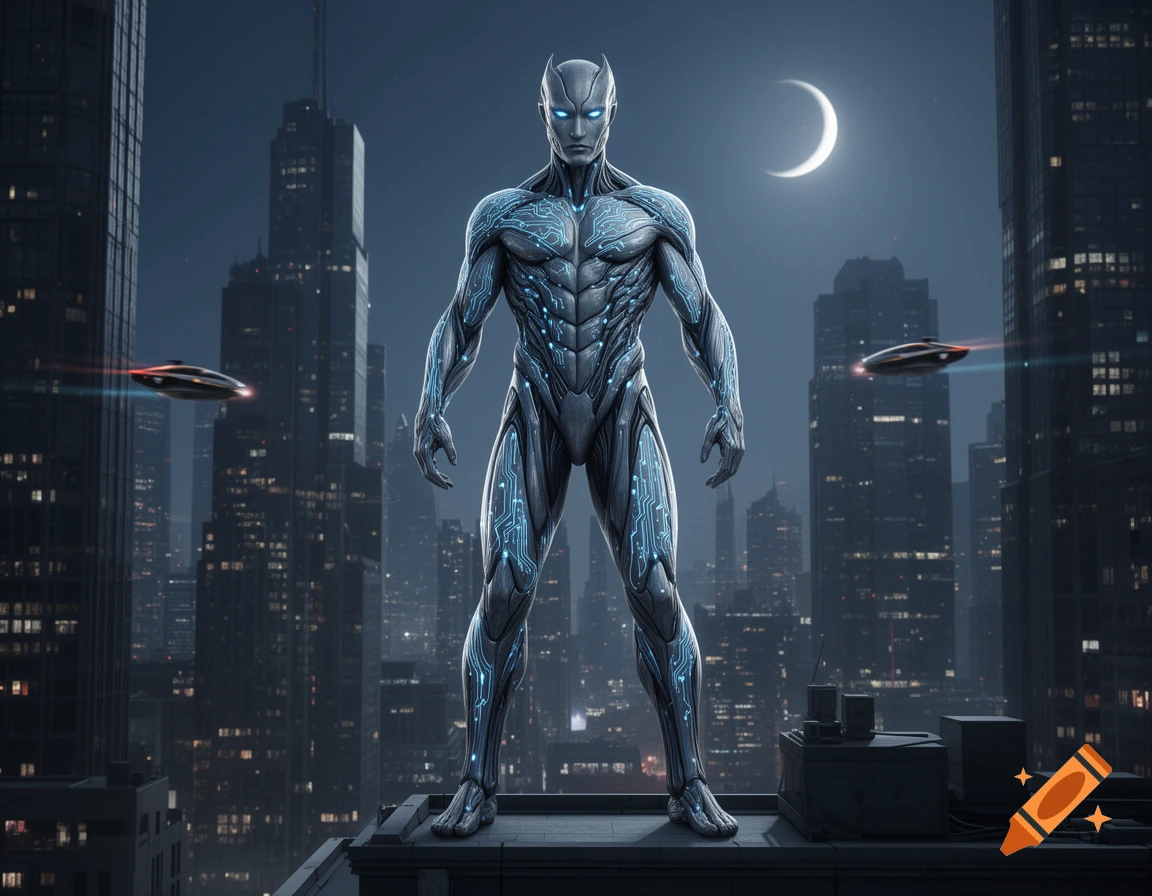 Muscular grey-skinned alien superhero with glowing blue circuits stands on a city rooftop at night, crescent moon and flying saucers in sky.