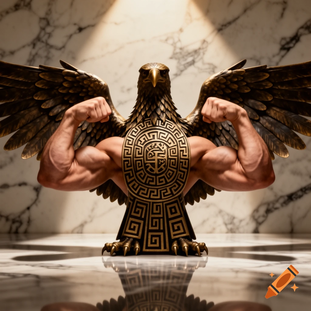 Photorealistic bronze statue of an eagle with muscular human arms flexing, standing on a reflective marble surface.