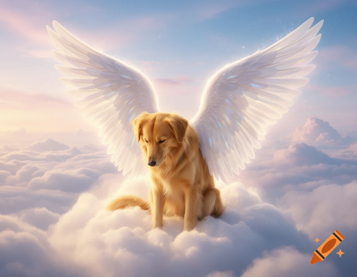 A golden retriever with large, luminous white angel wings sits solemnly on fluffy white clouds in a dreamy sky with pastel hues.