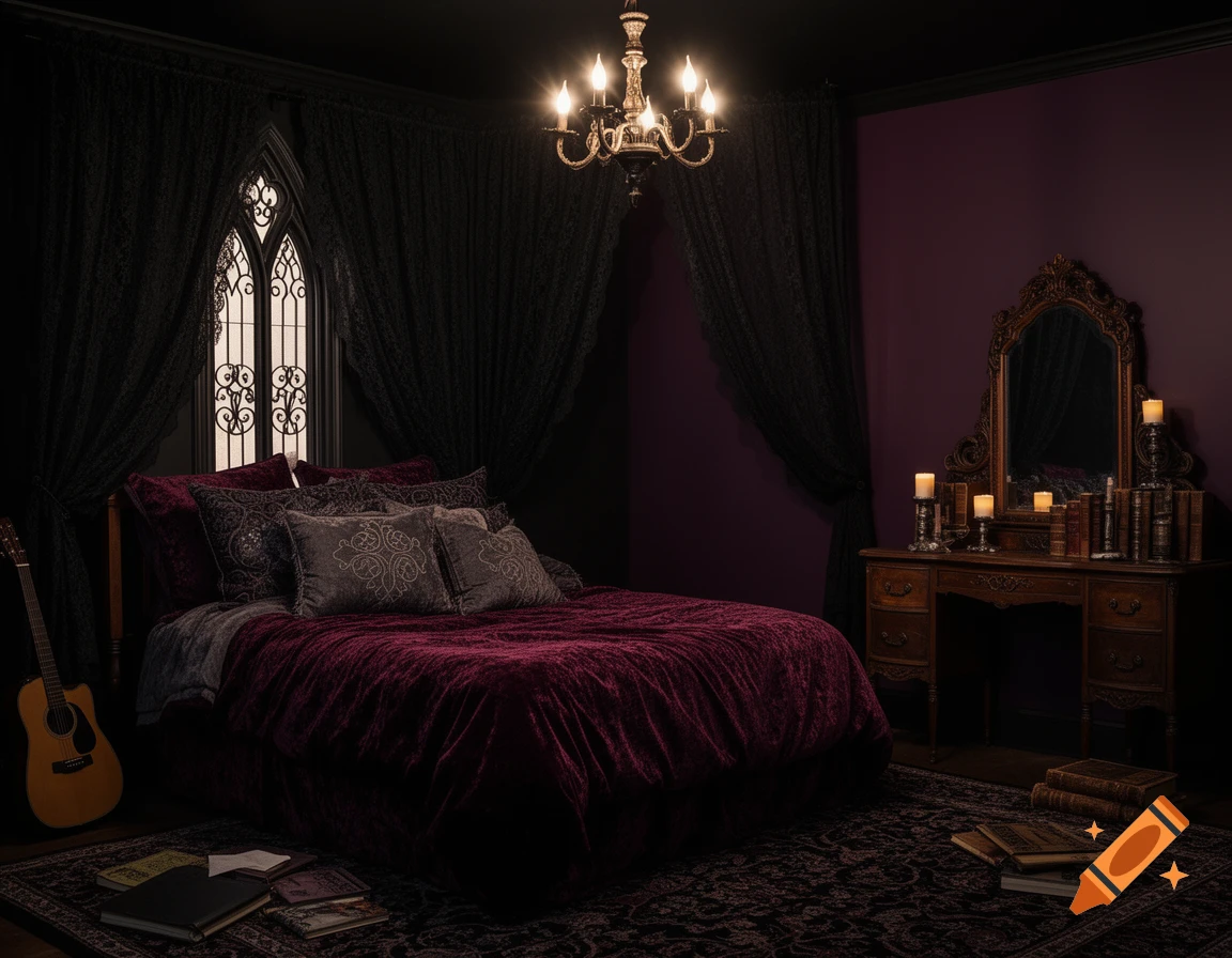A moody Gothic bedroom with a large red velvet bed, arched window, and antique wooden dresser with candles and books.