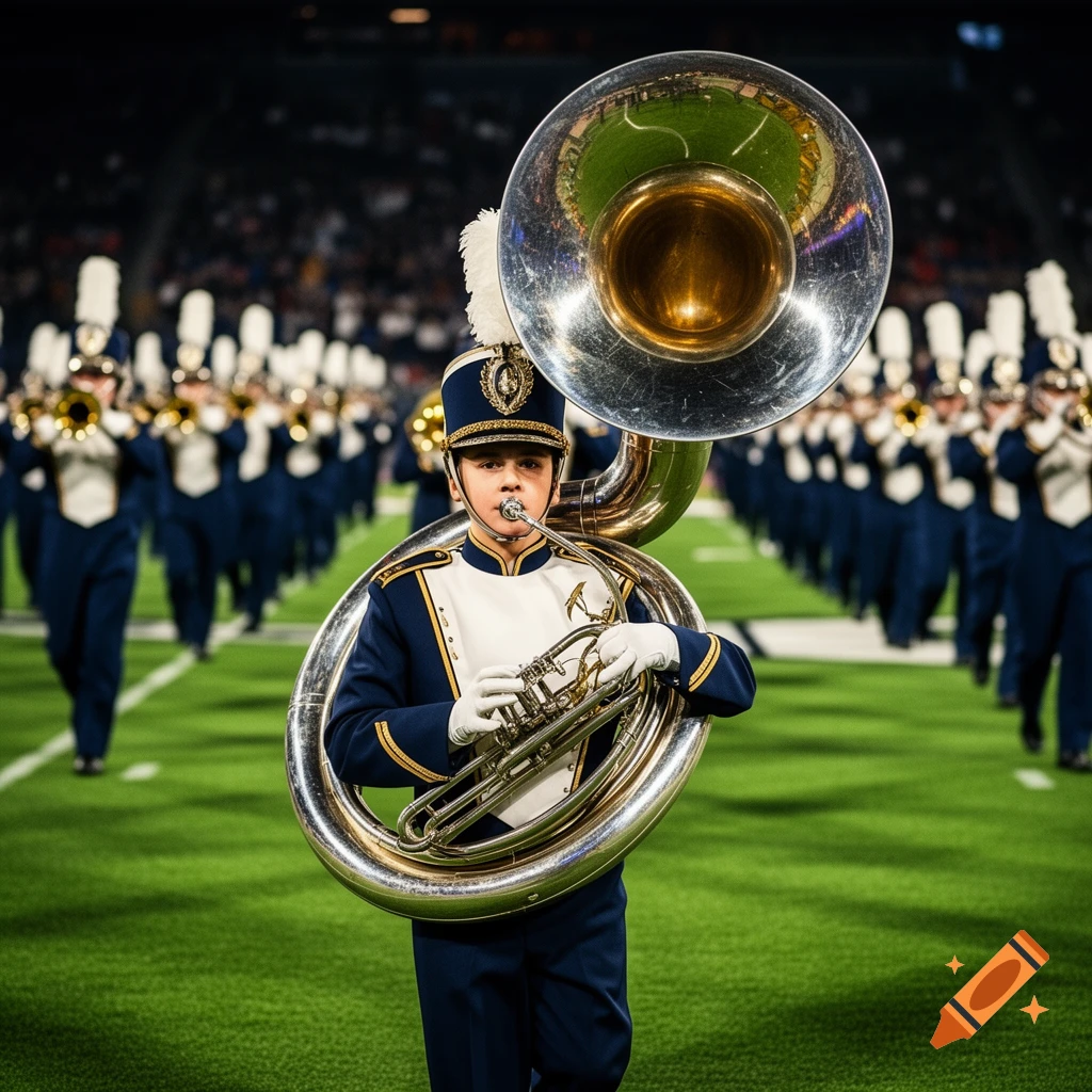 A young person in a blue and white marching band uniform plays a sousaphone on a green field with other band members in the background.