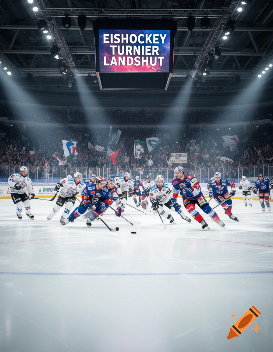 Photorealistic ice hockey game in a brightly lit arena with players on the rink and a scoreboard displaying 'EISHOCKEY TURNIER LANDSHUT'.