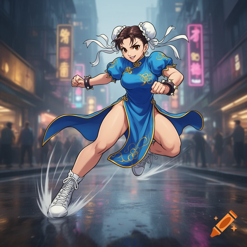 Chun-Li in a blue qipao and white sneakers strikes a dynamic pose on a wet city street at night, in an anime style.
