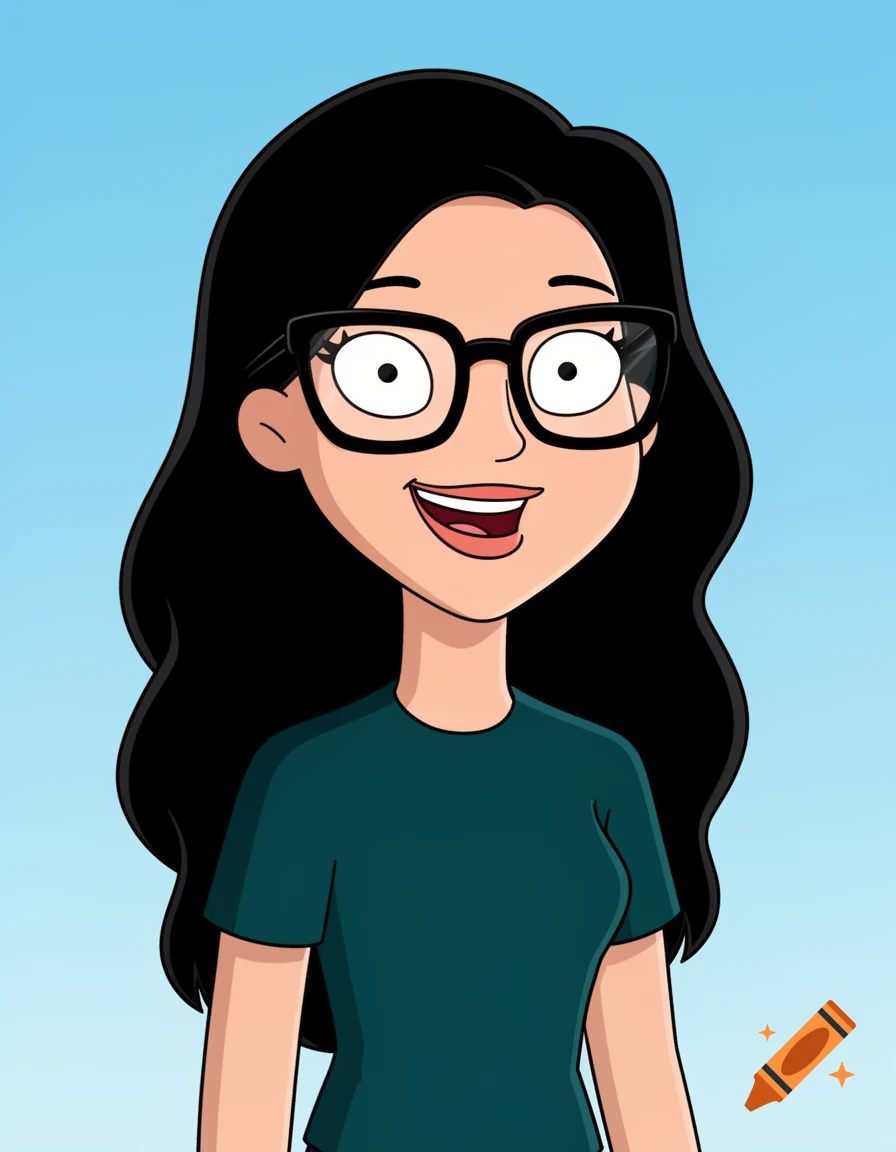 A 2D cartoon portrait of a smiling young woman with long black hair, thick black-rimmed glasses, and a dark teal t-shirt, against a light blue background.