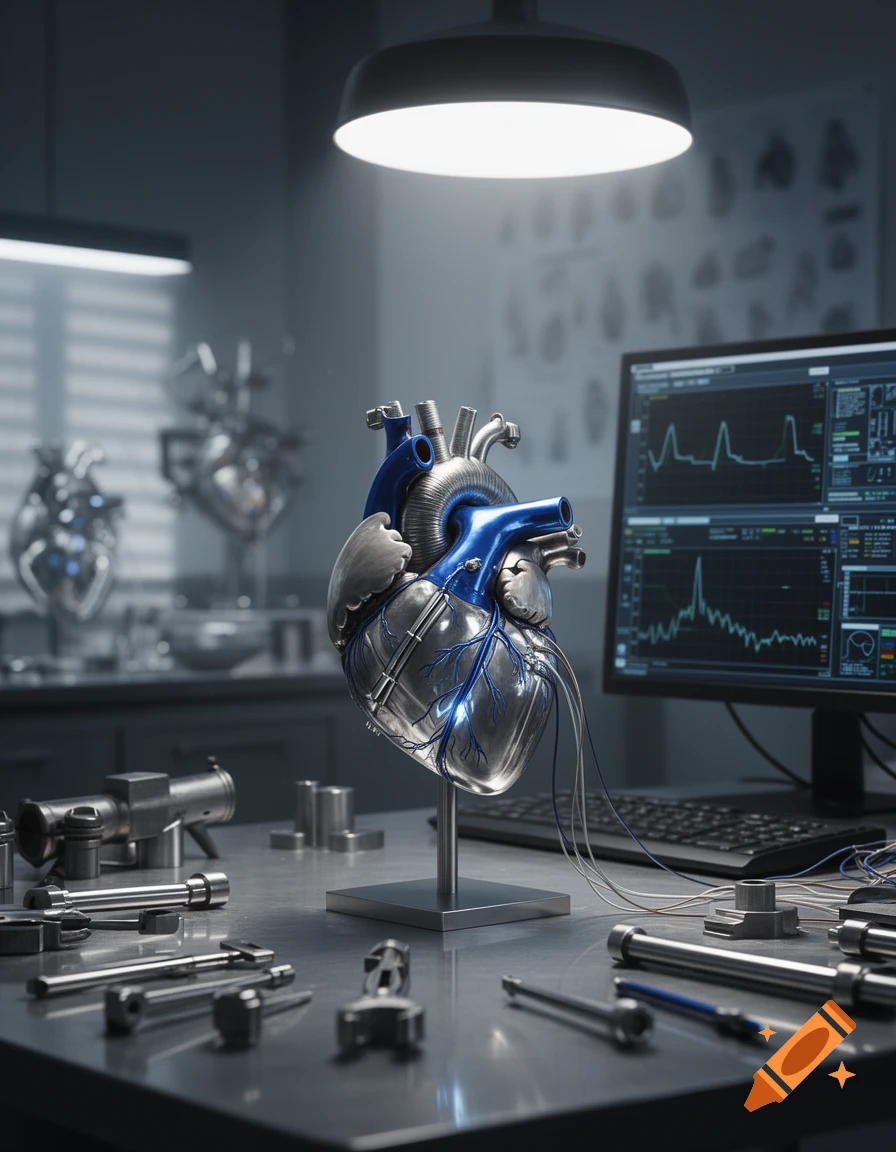 A detailed metallic mechanical heart with blue parts on a stand in a dimly lit lab, surrounded by tools and a computer monitor.