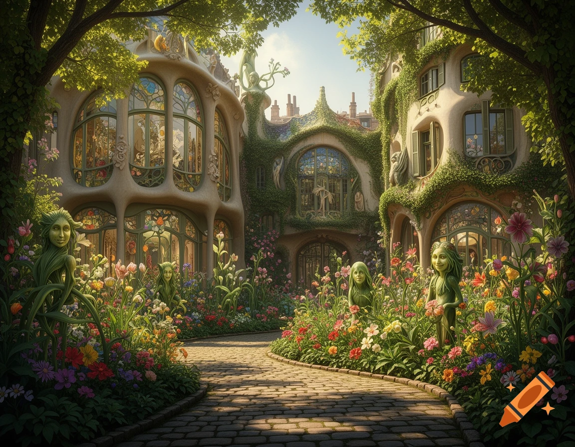 An enchanting Art Nouveau garden with whimsical buildings covered in vines, a stone path, and plant-like figures with human faces among colorful flowers.