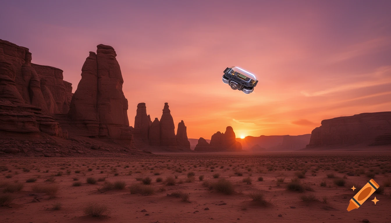 A futuristic flying vehicle hovers over a desert landscape with large rock formations during a vibrant sunset.