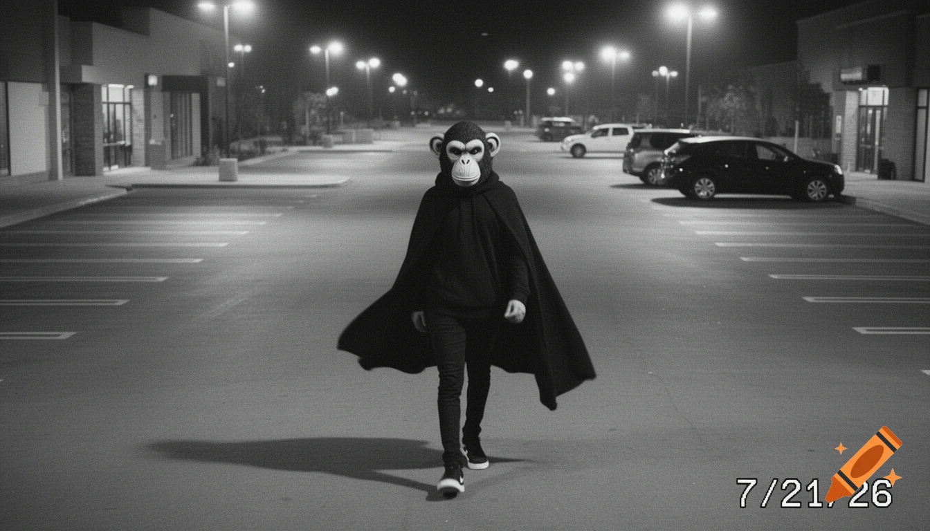 Black and white CCTV footage of a person in a monkey mask and black cloak walking in a dark mall parking lot.