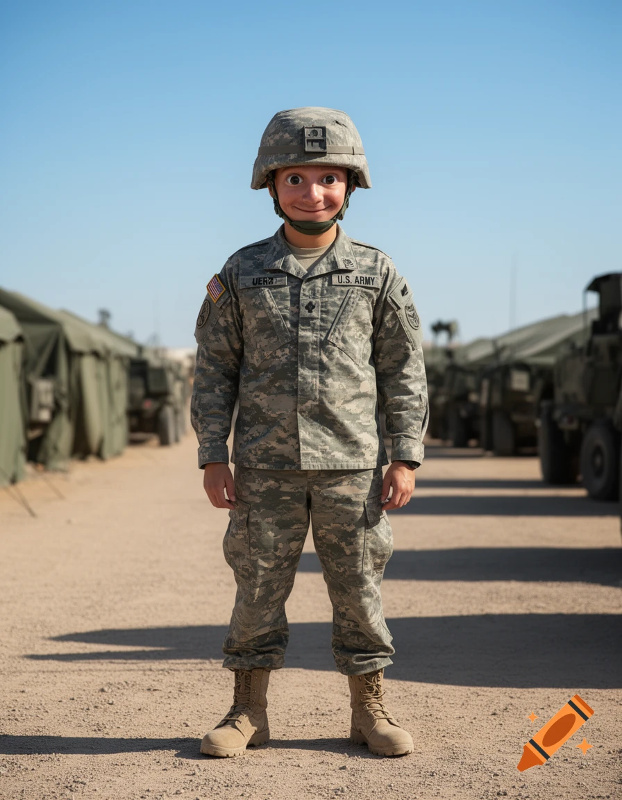 A child in a US Army uniform and helmet with exaggerated wide eyes smiles in a military camp.