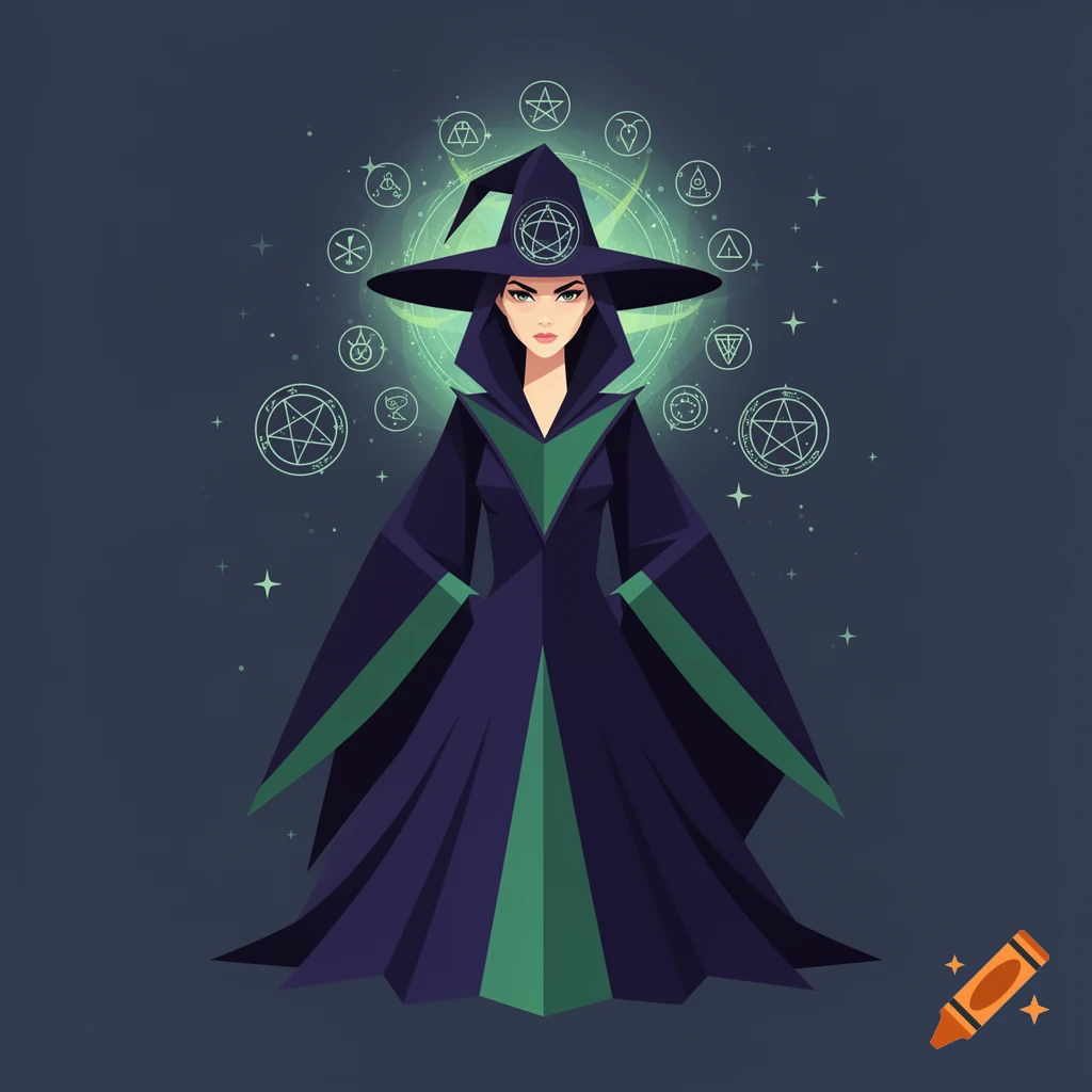 A stylized flat vector illustration of a witch in a dark purple and green cloak and pointed hat, with glowing magical symbols around her.