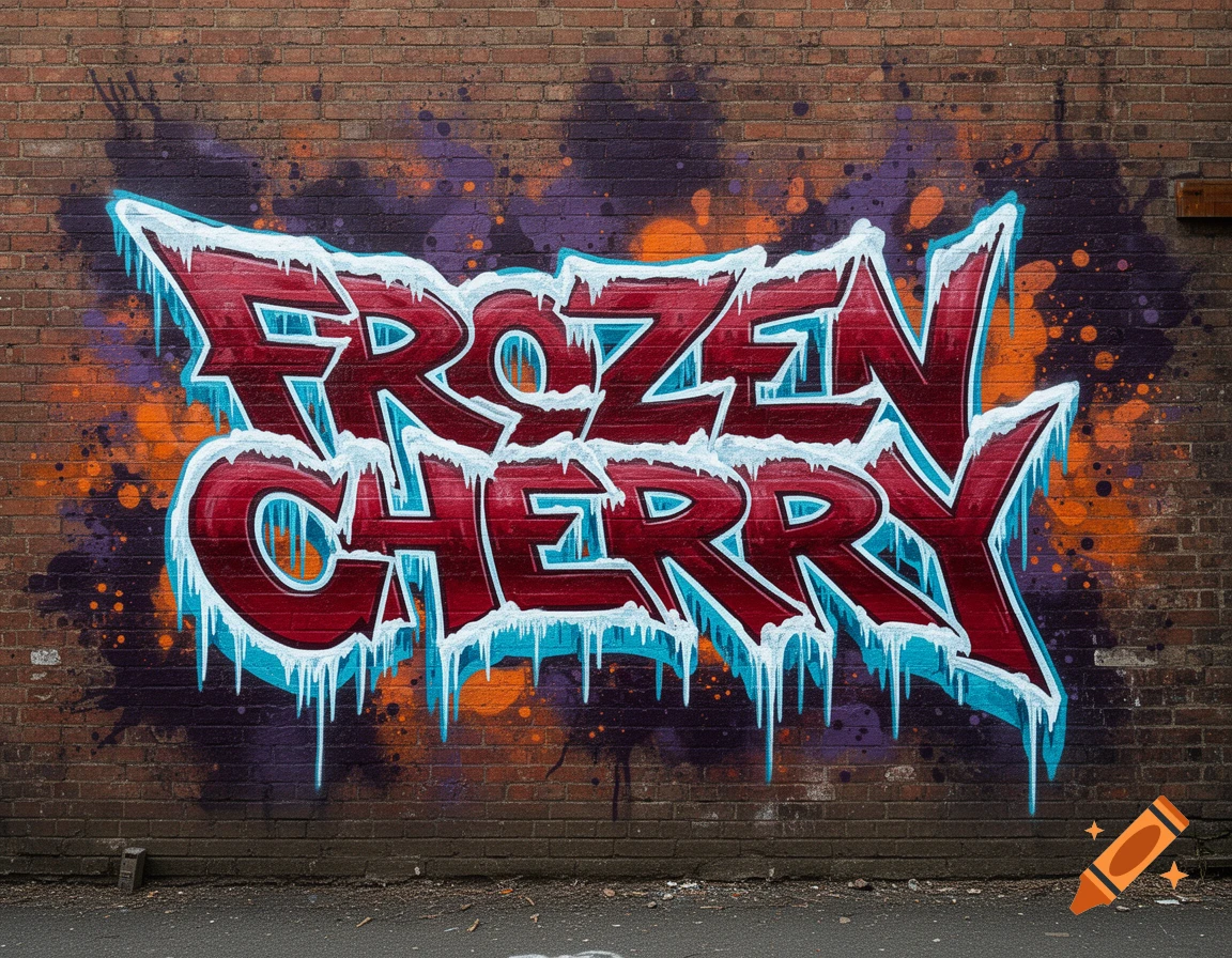 Vibrant 'FROZEN CHERRY' graffiti with red, ice-blue, and white icy letters on a brick wall with purple and orange splatters.