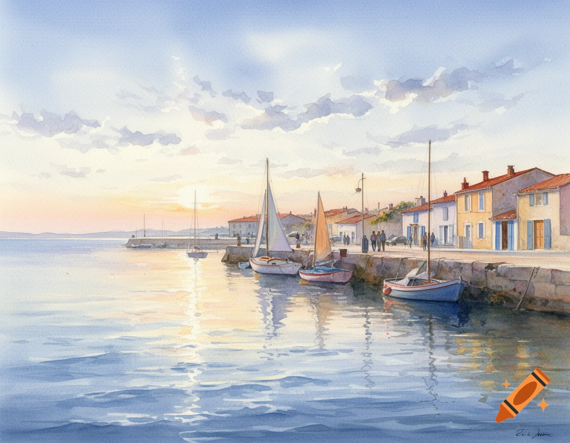 Tranquil watercolor painting of a harbor at sunset with boats and colorful buildings.