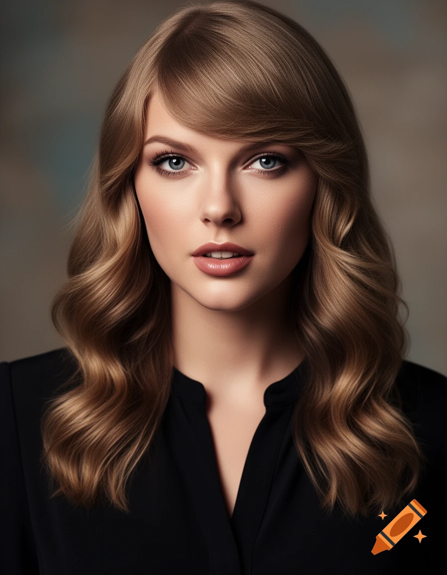 Close-up photorealistic portrait of a woman with long wavy light brown hair and blue eyes, wearing a black collared shirt.