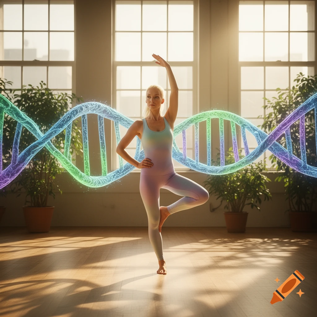 Blonde woman in a yoga pose in a sunny room, with a vibrant, glowing DNA helix spanning the background.