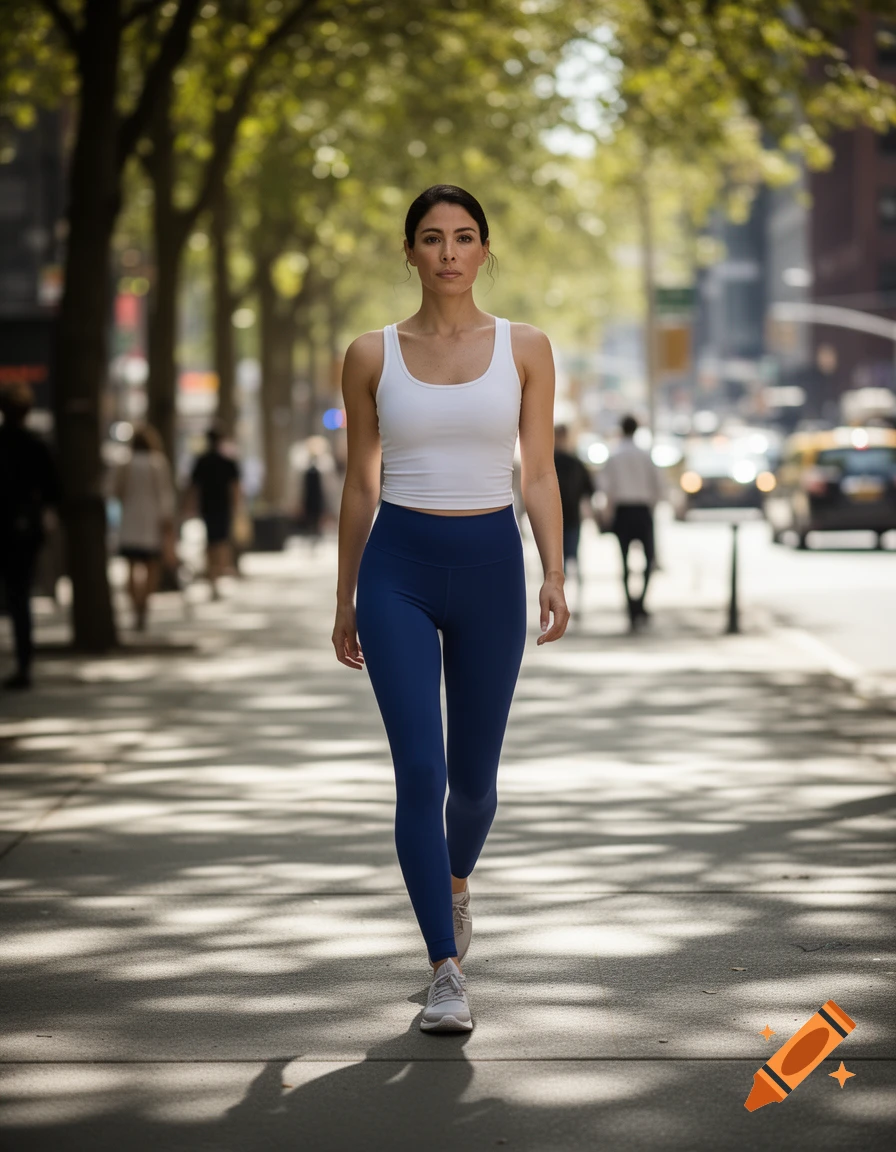 A photorealistic image of a woman in a white tank top and blue yoga pants walking on a sunny city sidewalk lined with trees.