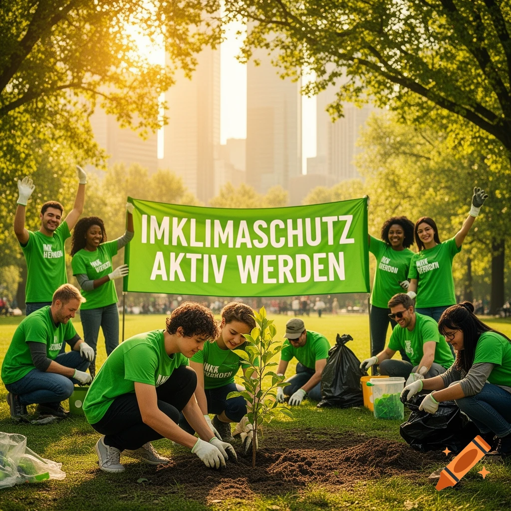 Volunteers in green shirts plant a tree in a sunny park with a city background, holding a banner reading 'IMKLIMASCHUTZ AKTIV WERDEN'.