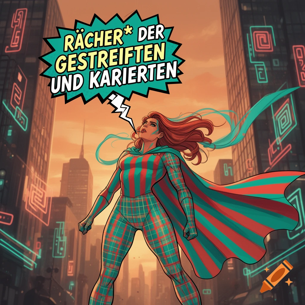 A female superhero in a red and teal striped and plaid suit with a matching cape stands heroically in a futuristic city with glowing buildings, a speech bubble above her head reads "RÄCHER* DER GESTREIFTEN UND KARIERTEN".