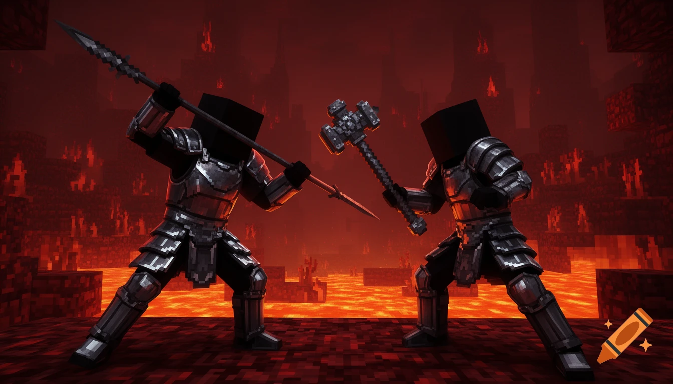 Two black-skinned figures in Netherite armor battle with a spear and mace in a blocky, lava-filled Minecraft Nether landscape.