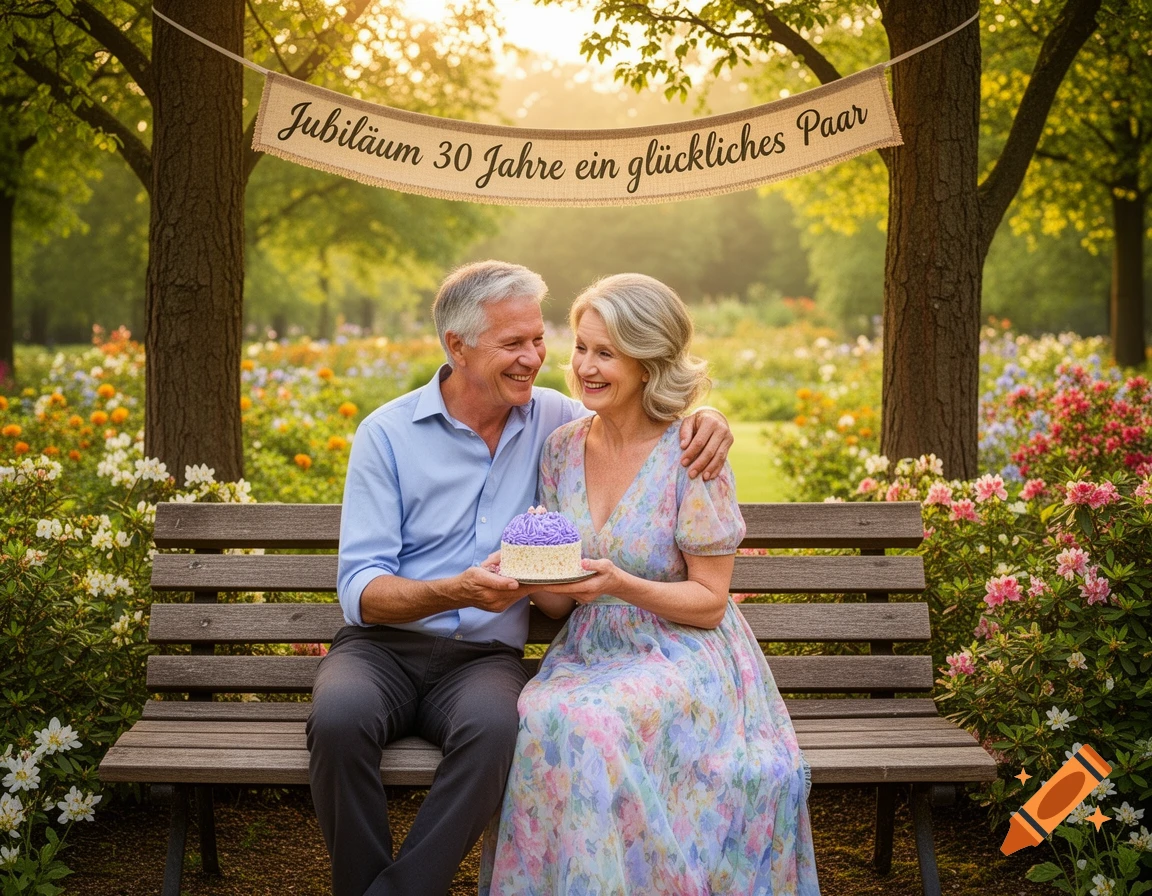 An elderly couple sits on a park bench, holding a purple cake, beneath an anniversary banner, surrounded by flowers at sunset.